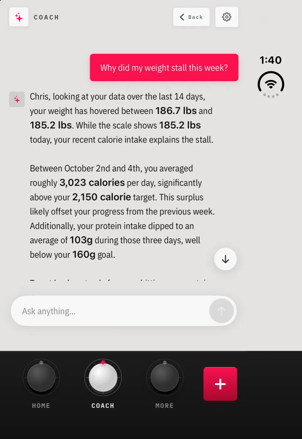 BiteDeck on iPhone Duo closed outer display showing a Coach reply about calories and protein