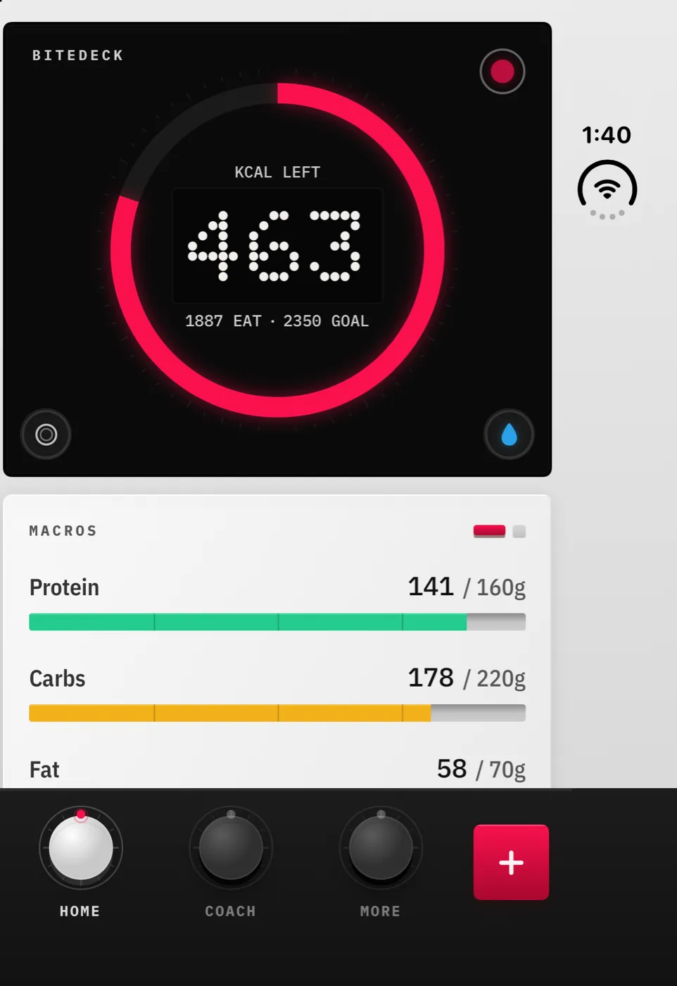 BiteDeck on iPhone Duo closed outer display showing the Home calorie gauge and macros in portrait, beside the status column