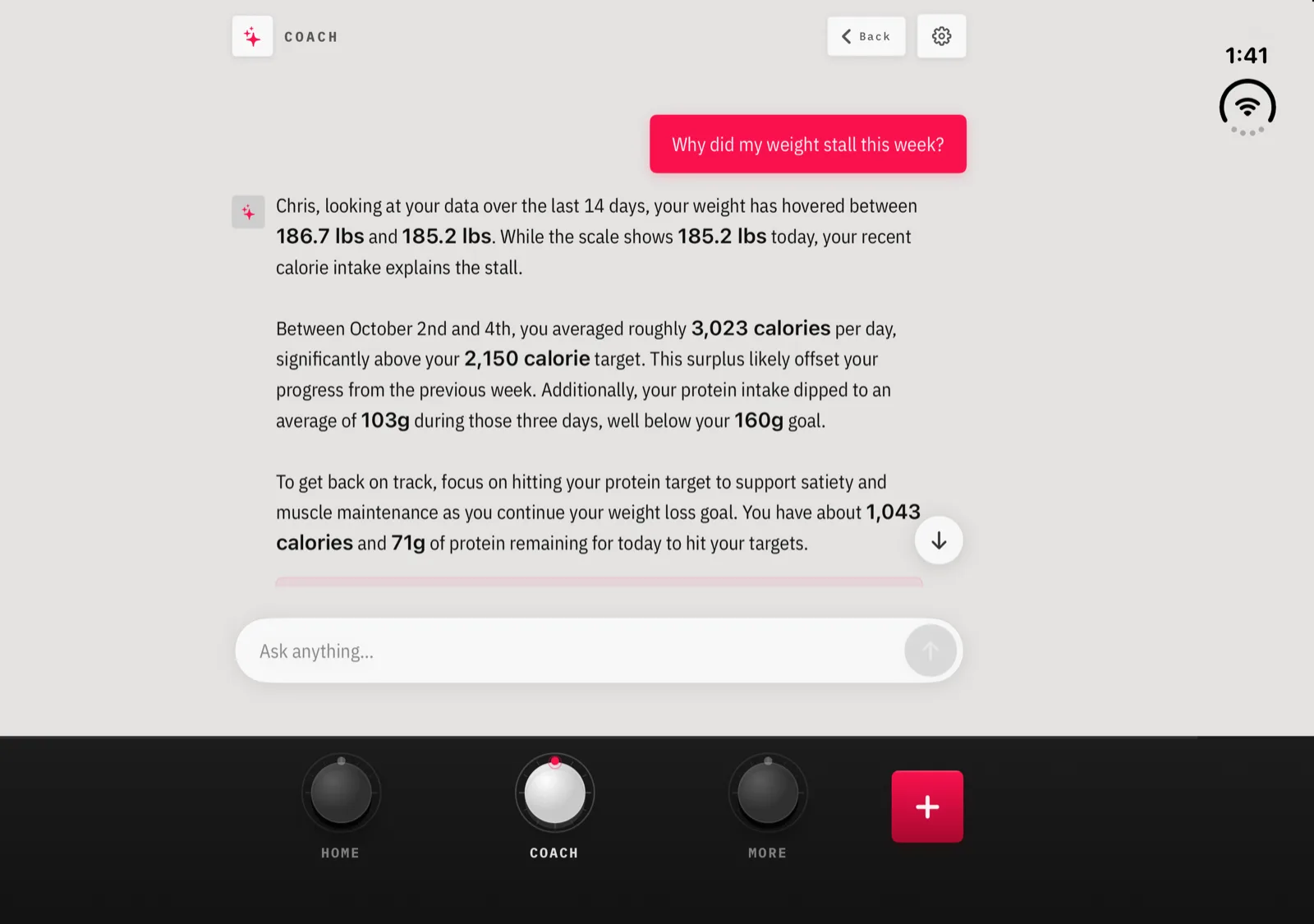 BiteDeck on iPhone Duo open display showing a Coach conversation about a weight stall, with the thread and input field held to the deck column
