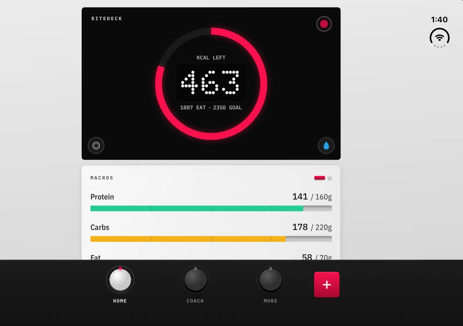 BiteDeck on iPhone Duo open display showing the Home screen: the calorie gauge and macro bars in a phone-width deck column centred on the inner display, with the keycap tab bar along the bottom