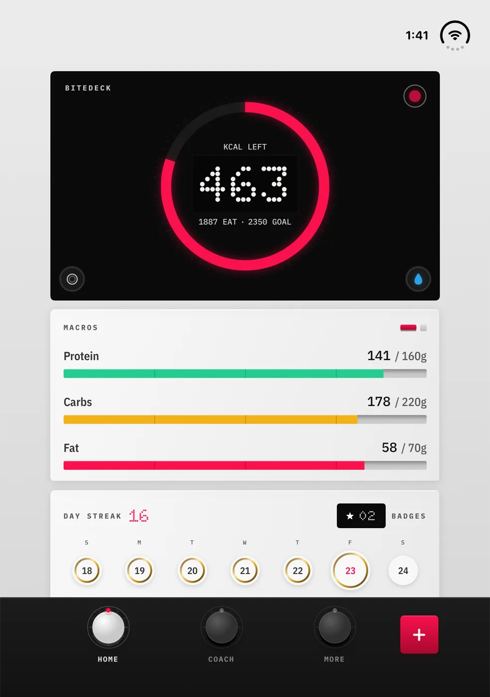 BiteDeck on iPhone Duo open display held in portrait, showing the Home gauge, macros and day streak