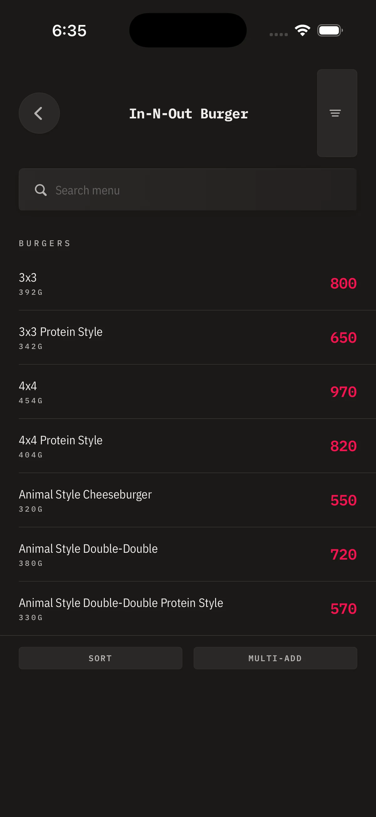BiteDeck restaurant menu screen sorted by section with calories and macros listed per item