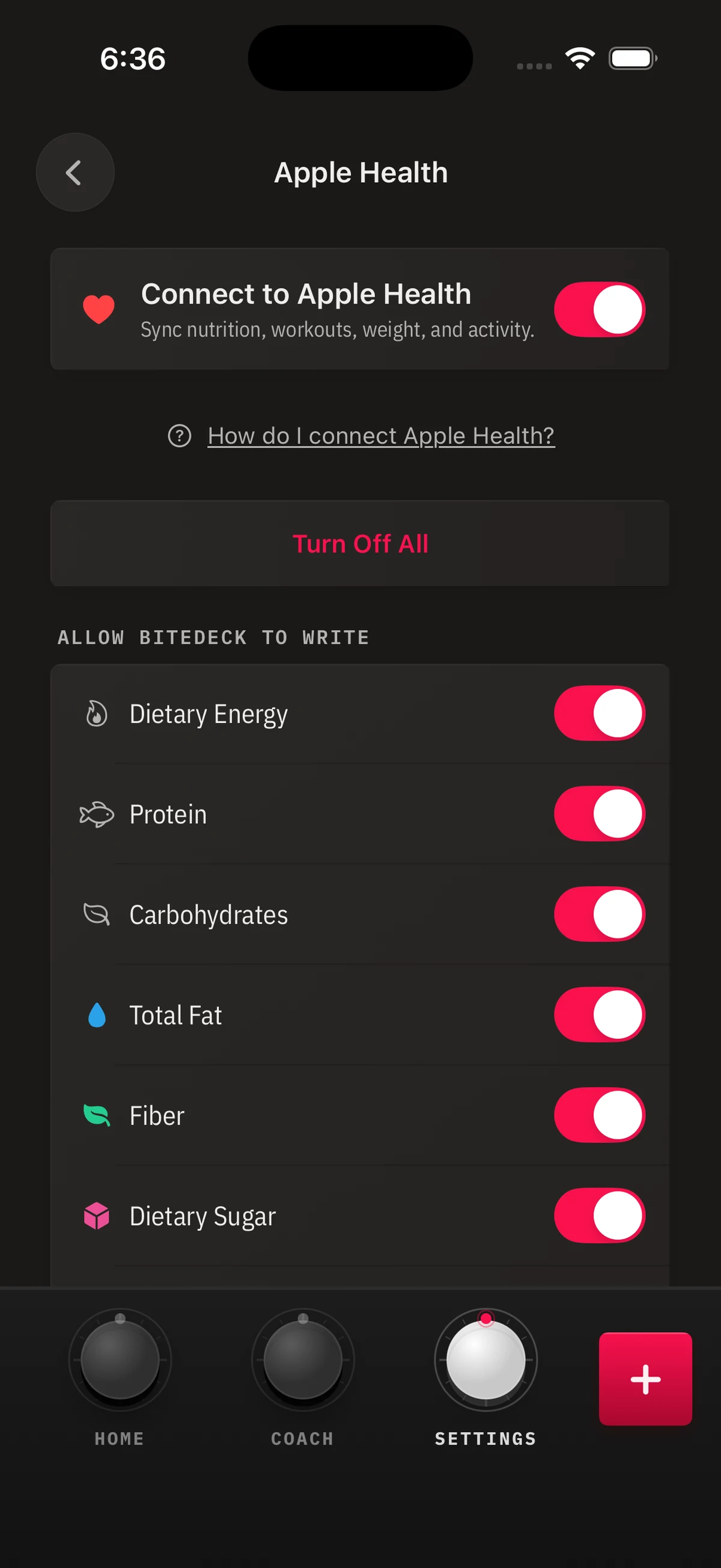 BiteDeck Apple Health settings panel showing per-metric toggles for the five HealthKit reads and ten writes