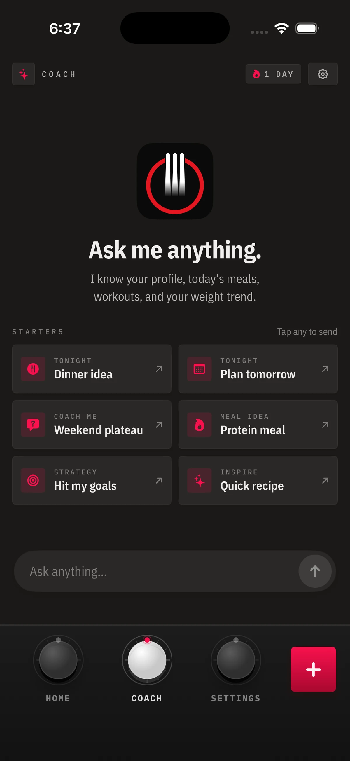 BiteDeck Coach chat screen with on-device context about the day and a clear-history control