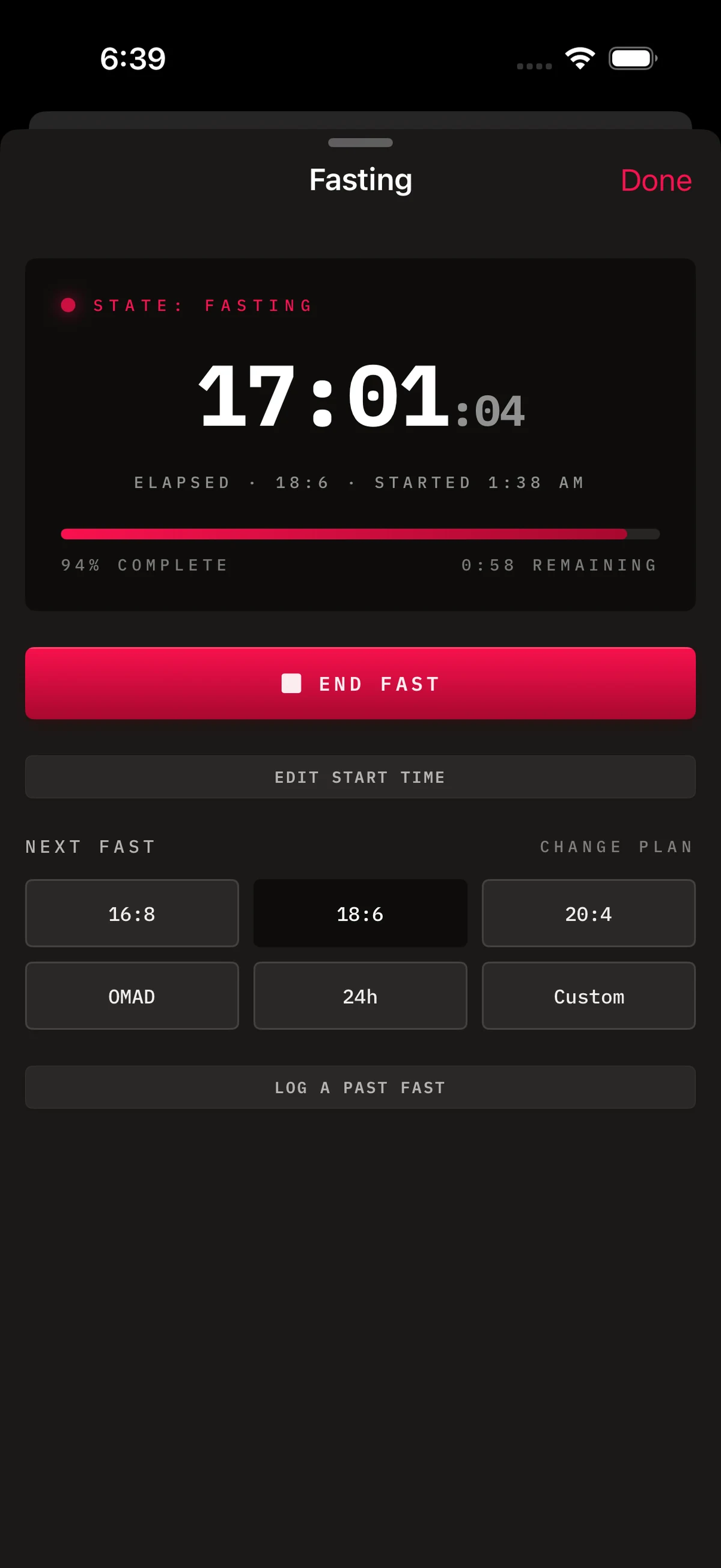 BiteDeck fasting screen with active timer, milestone markers, and protocol selector for 16:8 through OMAD